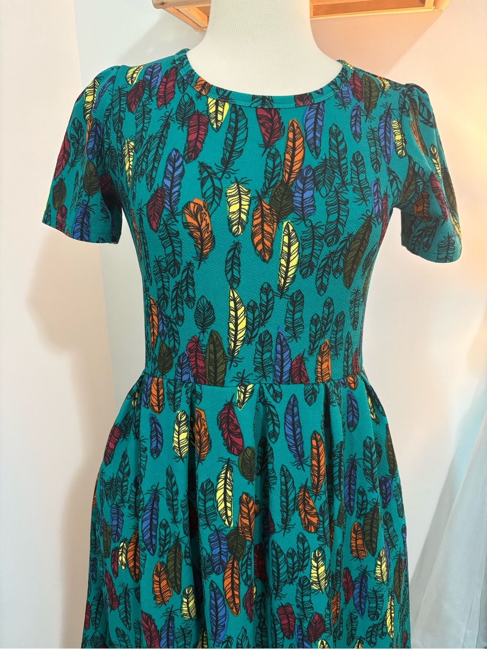 Teal Feather-Print Fit & Flare Dress - Picture 2 of 9